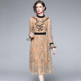 Long-sleeve Floral Print Ruffle Trim Midi A-line Dress