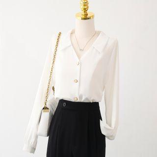 V-neck Plain Button-up Chiffon Oversize Shirt