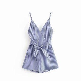 Striped V-neck Tie-waist Playsuit