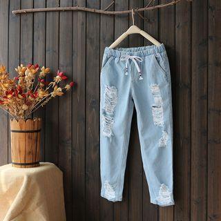 Drawstring Waist Regular-fit Distressed Jeans