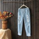 Drawstring Waist Regular-fit Distressed Jeans