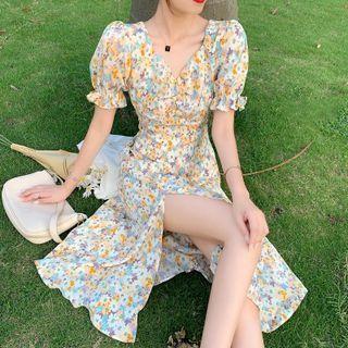 Puff-sleeve Floral Print Slit Midi Dress