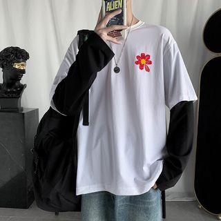 Mock Two-piece Flower Print Long-sleeve T-shirt
