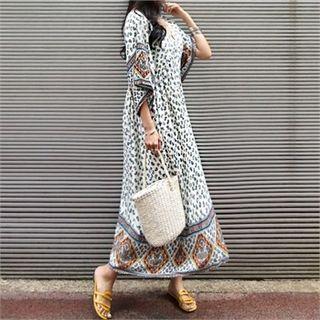 Deep V-neck Patterned Long Dress