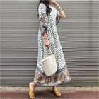 Deep V-neck Patterned Long Dress