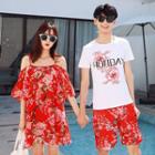 Couple Matching Set: Short-sleeve T-shirt + Floral Print Shorts / Cutout Shoulder Dress