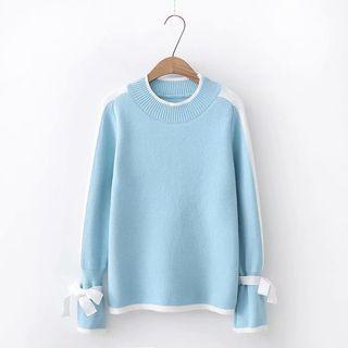 Tie-cuff Contrast-trim Sweater Light Blue - One Size
