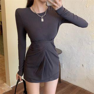 Long-sleeve Ruched Knitted Mini Dress