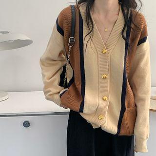 Color Block Cardigan Khaki & Coffee - One Size
