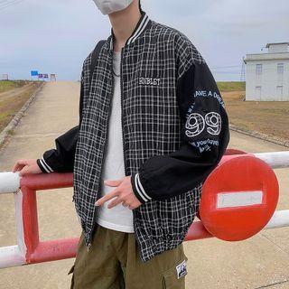 Letter Embroidered Plaid Bomber Jacket