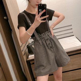 Set: Crew-neck Short-sleeve T-shirt + High Waist Suspender Shorts