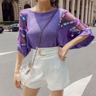 Set: Elbow-sleeve Sequined Sweater + High-waist Shorts
