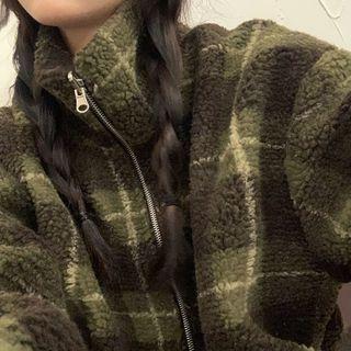 Plaid Fleece Zip Jacket Green & Black - One Size