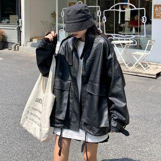 Faux Leather Plain Drawstring Jacket