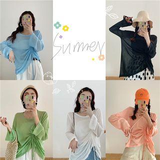 Plain Long-sleeve Loose-fit Drawstring Top