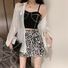 Plain Shirt / Reflective Striped Camisole Top / Leopard Print Mini Pencil Skirt