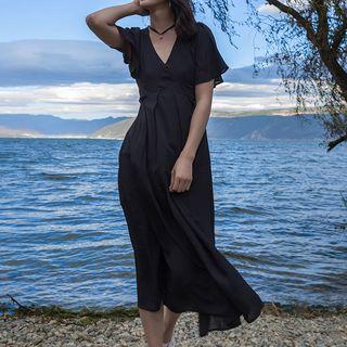 Short-sleeve Open Back A-line Midi Chiffon Dress