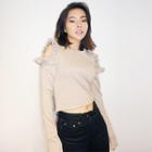 Cutout Shoulder Ruffle Trim Long-sleeve T-shirt