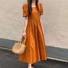 Short-sleeve Plain Midi Dress Persimmon Color - One Size