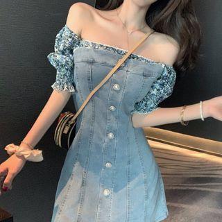 Balloon-sleeve Floral Print A-line Denim Dress