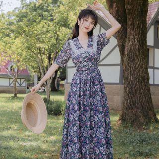 Lace Trim Collar Short-sleeve Floral Midi A-line Dress
