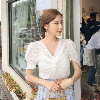 Knot-front Puff-sleeve Lace Blouse