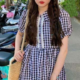 Puff-sleeve Gingham A-line Dress Gingham - Black & White - One Size