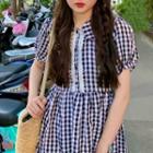 Puff-sleeve Gingham A-line Dress Gingham - Black & White - One Size