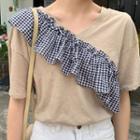Short-sleeve Checker Ruffle Paneled T-shirt