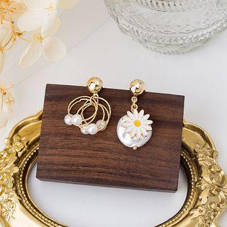 Non-matching Faux Pearl Alloy Flower Dangle Earring 1 Pair - E2836-1 - As Shown In Figure - One Size