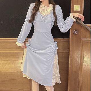 Long-sleeve Lace Panel Frill Trim Midi A-line Dress