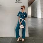 Short-sleeve Contrast Color Jumpsuit