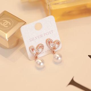 Rhinestone-heart Faux-pearl Drop Earrings Gold - One Size