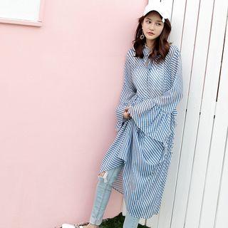 Pinstripe Ruffle Sheer Long-sleeve Dress
