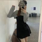 Set: Spaghetti Strap A-line Dress + Crop Polo-neck Sweatshirt Set Of 2 - Sweatshirt & Dress - Gray & Black - One Size