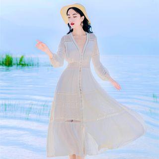 V-neck Lace-panel Midi Dress