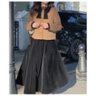 Contrast Trim Button-up Jacket / Velvet Midi A-line Skirt