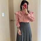 Long-sleeve Floral Embroidered Blouse / Pleated Midi A-line Skirt