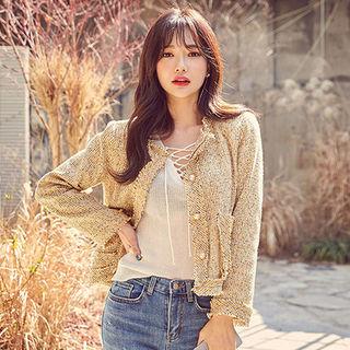 Faux-pearl Button Fringed Tweed Jacket