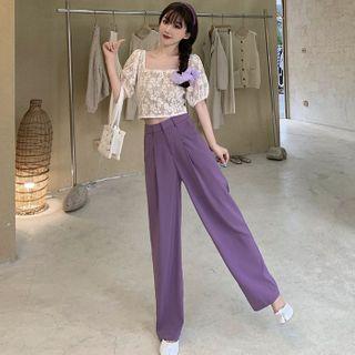 Short-sleeve Lace Crop Top / Straight Leg Dress Pants