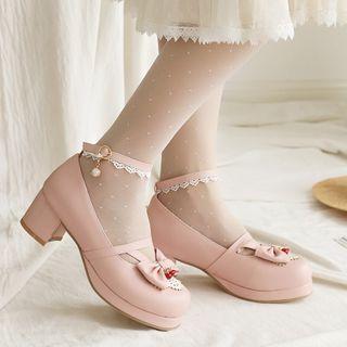 Bow Lace Trim Ankle Strap Block Heel Pumps