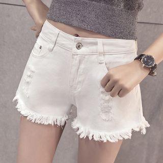 Fringed Hem Ripped Denim Shorts