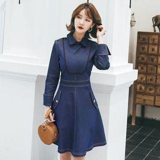 Long-sleeve Collared A-line Denim Dress