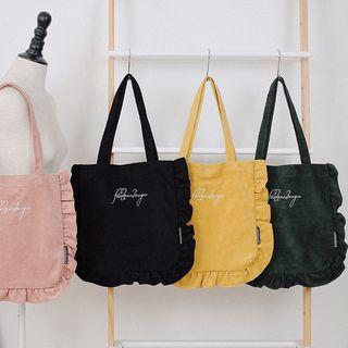 Lettering Ruffled Corduroy Shopper Bag