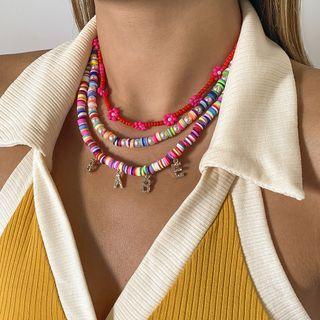 Lettering Rhinestone Pendant Bead Necklace / Flower Bead Choker / Faux Pearl Bead Choker