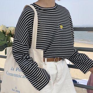 Striped Long-sleeve Smiley Face Embroidered T-shirt