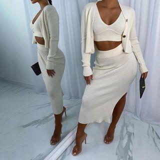 Set: Cardigan + Spaghetti Strap Top + Midi Fitted Skirt