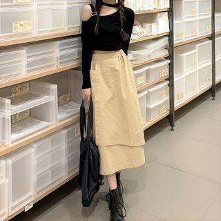 Long-sleeve Cold Shoulder Top / A-line Midi Skirt