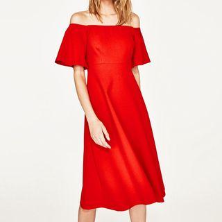 Off-shoulder Short-sleeve Plain Sheath Dress