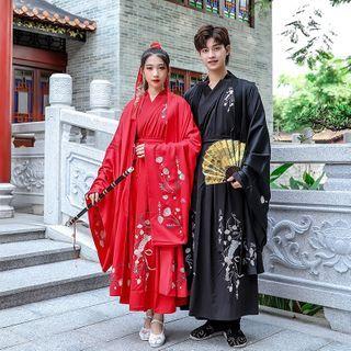 Set: Floral Embroidered Hanfu Top + Maxi Skirt / Floral Embroidered Hanfu Long Light Jacket